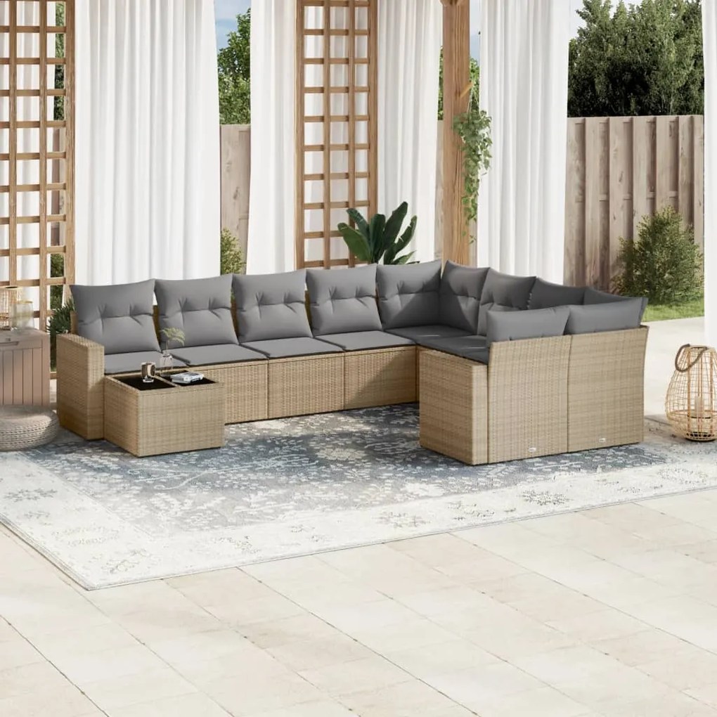 10 pcs conjunto de sofás p/ jardim com almofadões vime PE bege