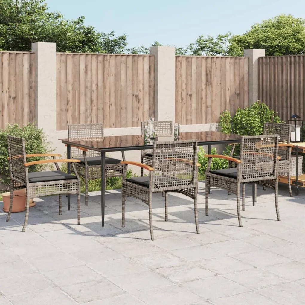 vidaXL 7 pcs conjunto de jantar p/ jardim c/ almofadões vime PE cinza