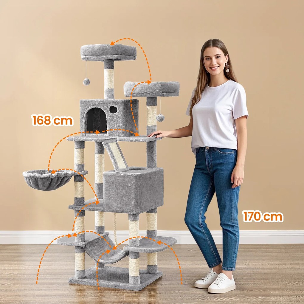 Arranhador para gatos 55 x 45 x 168 cm com 2 cavernas cinza claro