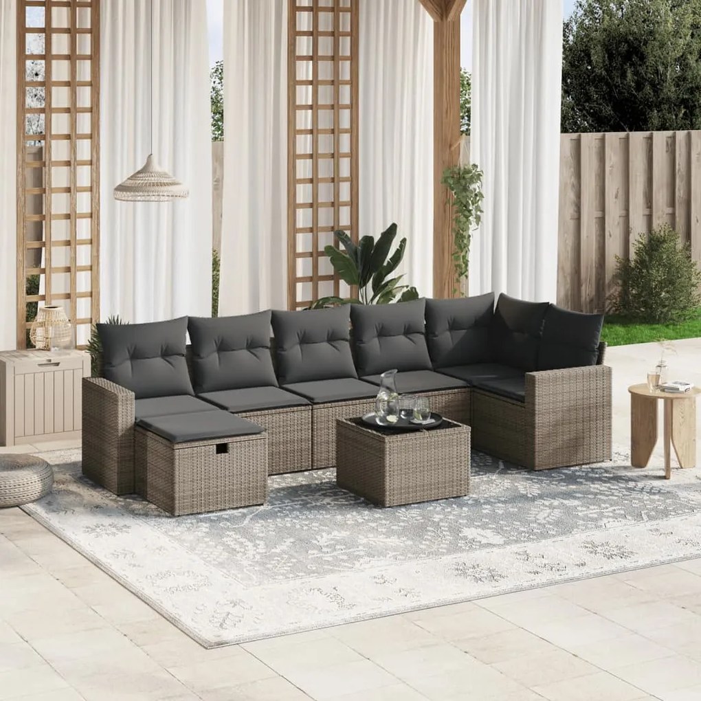 8 pcs conjunto sofás de jardim c/ almofadões vime PE cinzento