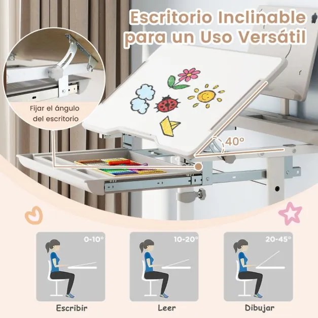 Conjunto de secretária e cadeira para crianças com altura ajustável, tampo inclinável, porta-copos, gaveta e cadeira ergonómica Cinza