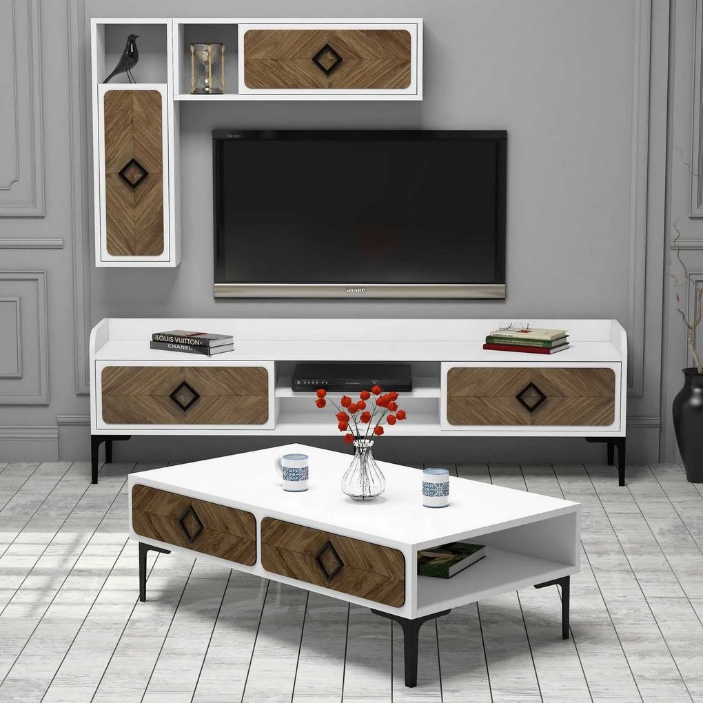 Conjunto de Mobiliário de Sala Samba – Branco e Noz – TV: 180x52x35 cm