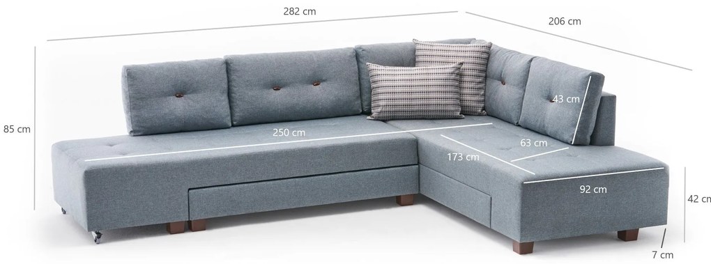 Sofá-Cama de Canto Manama – Azul Claro – 280 x 85 x 206 cm