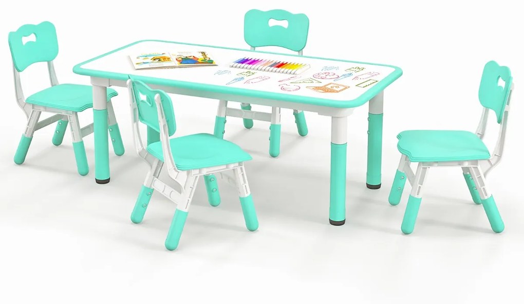 Conjunto de mesa para crianças e 4 cadeiras mesa regulável em altura com superfície de graffiti multifunções para arte e estudo Verde