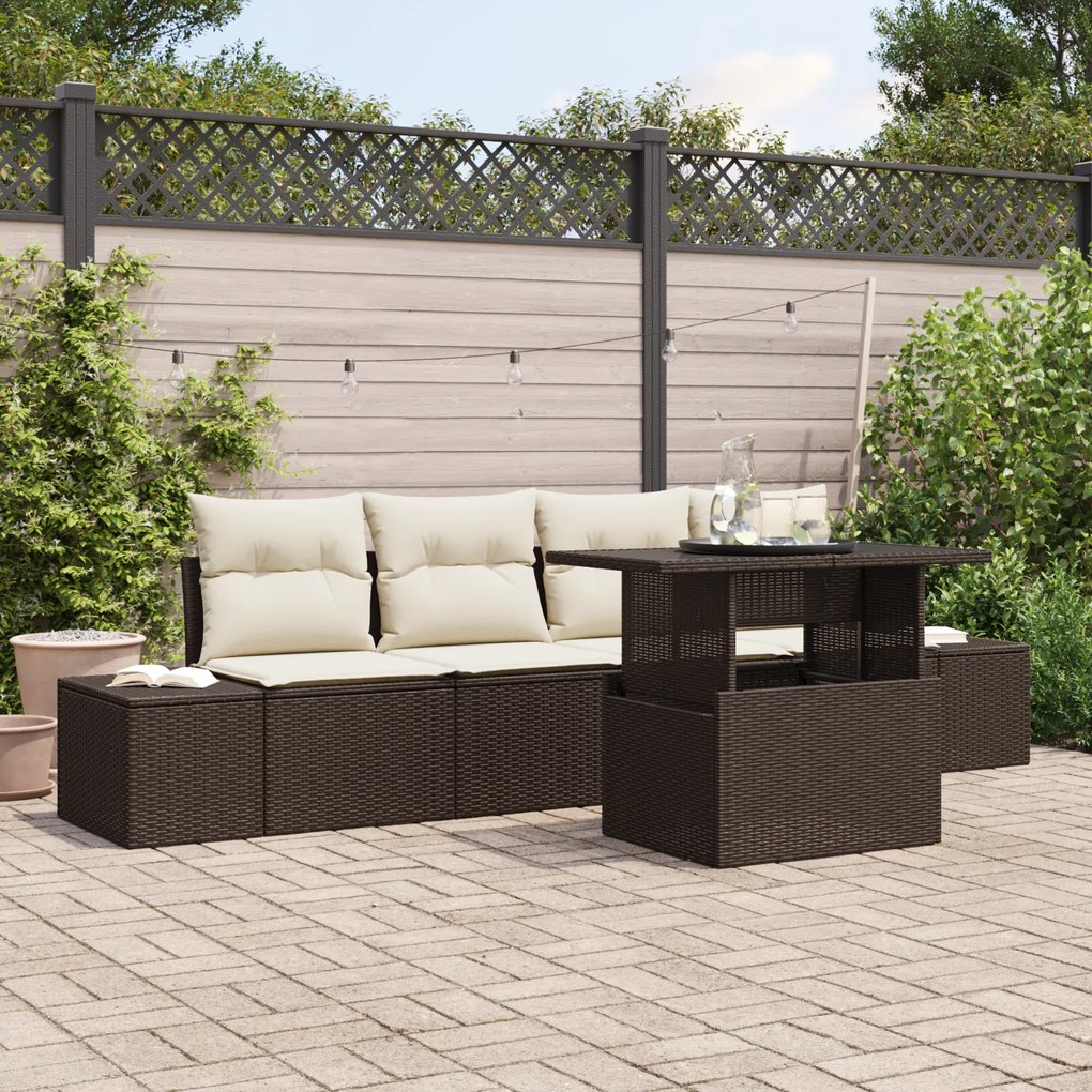 Conjunto de Sofá de Jardim com 5 Peças e Almofadas Castanho em Rattan