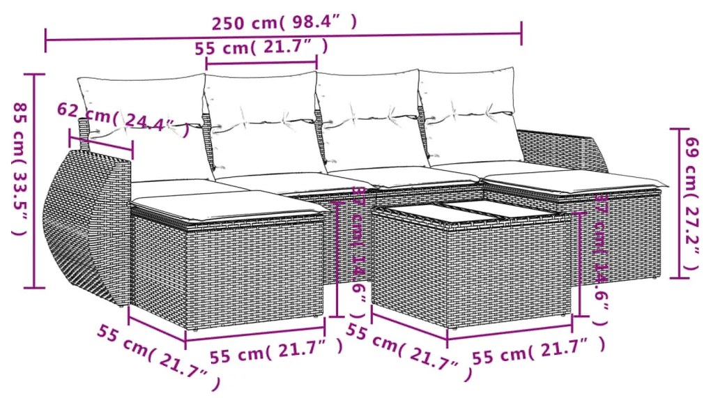 7 pcs conjunto de sofás jardim c/ almofadões vime PE castanho