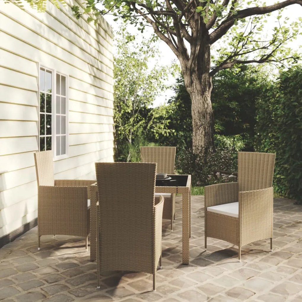 vidaXL 5 pcs conjunto jantar p/ exterior c/ almofadões vime PE bege