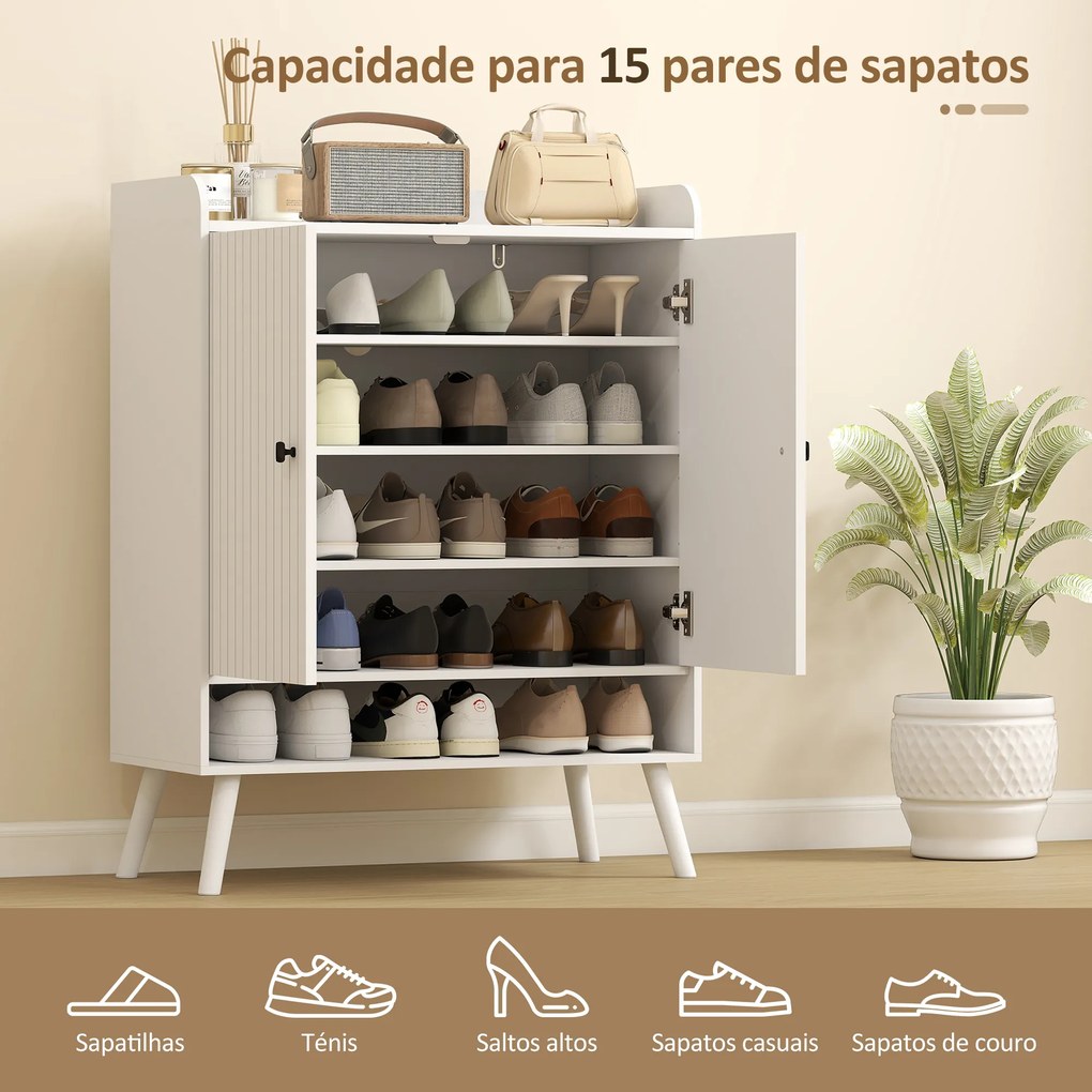 Sapateira de 2 Portas em Ripas Sapateira para Entrada com Prateleiras Ajustáveis Compartimento Aberto para 15 Pares de Sapatos 75x35x97 cm Branco