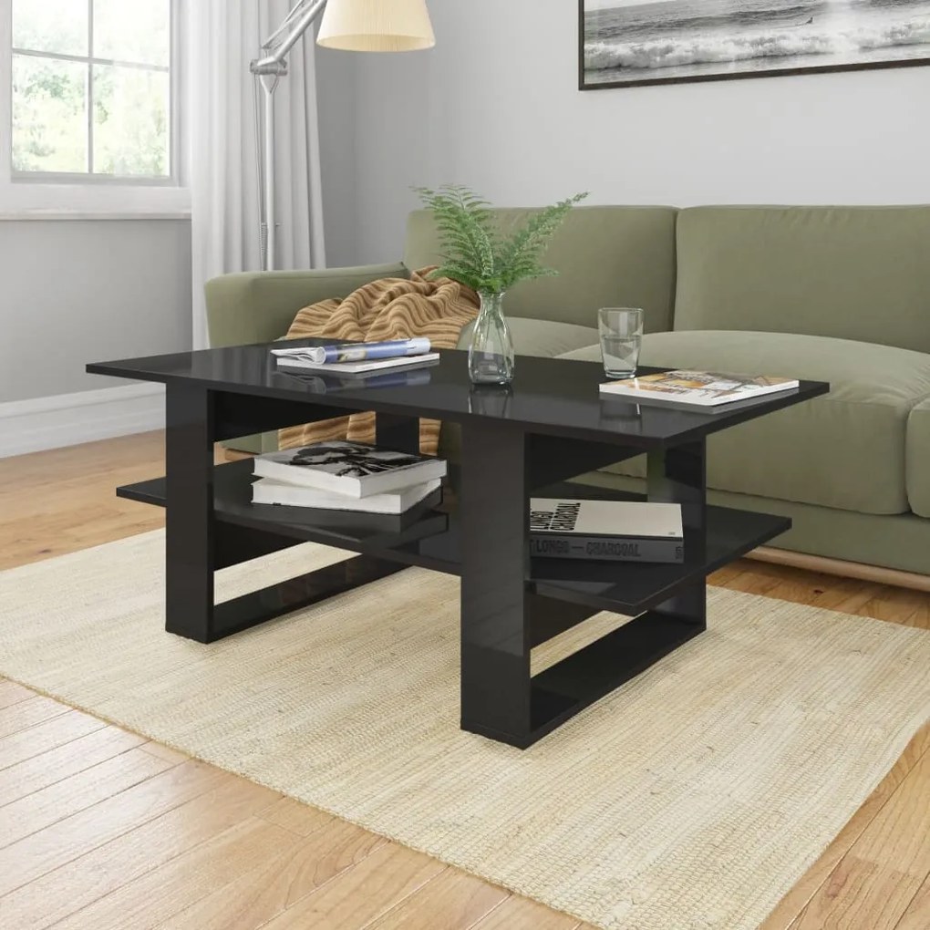 vidaXL Mesa de centro 110x55x42 cm contraplacado preto brilhante