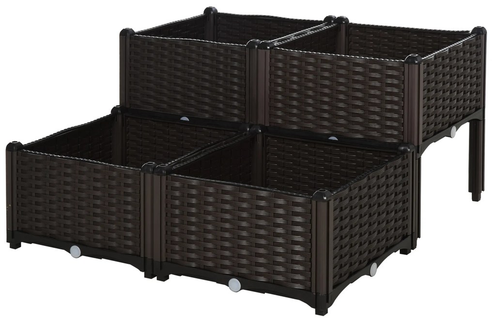 Outsunny Conjunto de 4 Floreiras Quadradas Floreiras para Flores e Vegetais com Orifícios de Drenagem e Pés Altos 80x40x26-44 cm  Marrom | Aosom Portugal