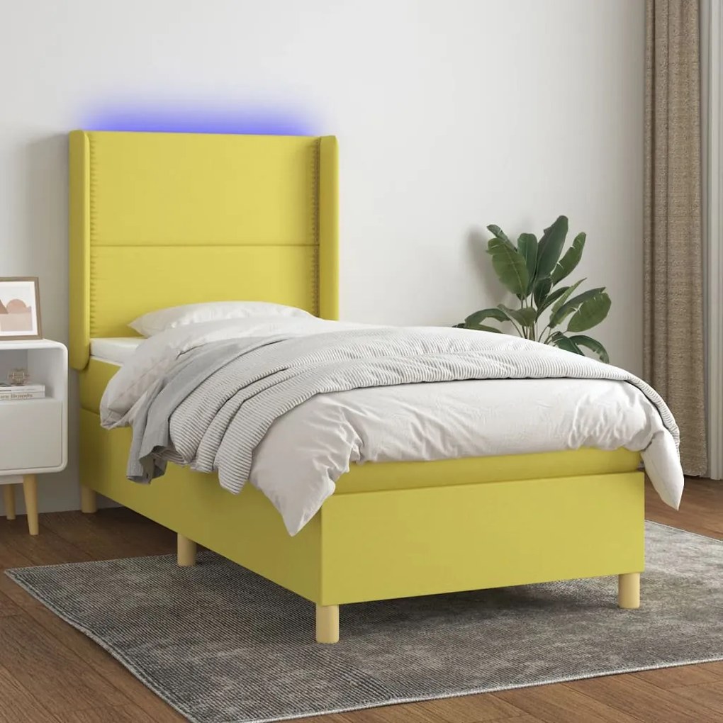vidaXL Cama box spring c/ colchão e LED 90x190 cm tecido verde