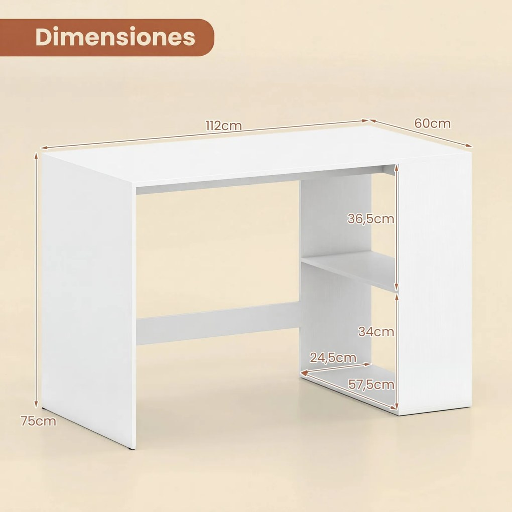 Mesa de Escritório, 112 x 60 cm, 2 Prateleiras Abertas, Branco