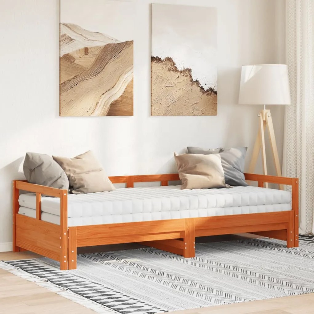 Sofá-cama com gavetão e colchões 90x200 cm pinho castanho-mel