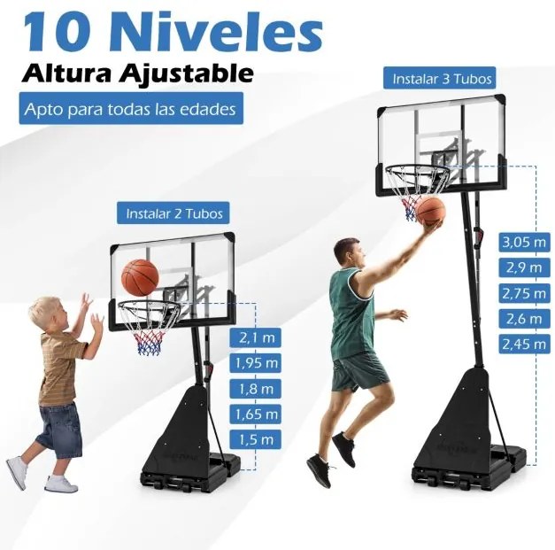 Cesto de basquetebol portátil Sistema ajustável em altura de 1,5 m a 3,05 m com tabela inquebrável de 112 cm com rodas preto