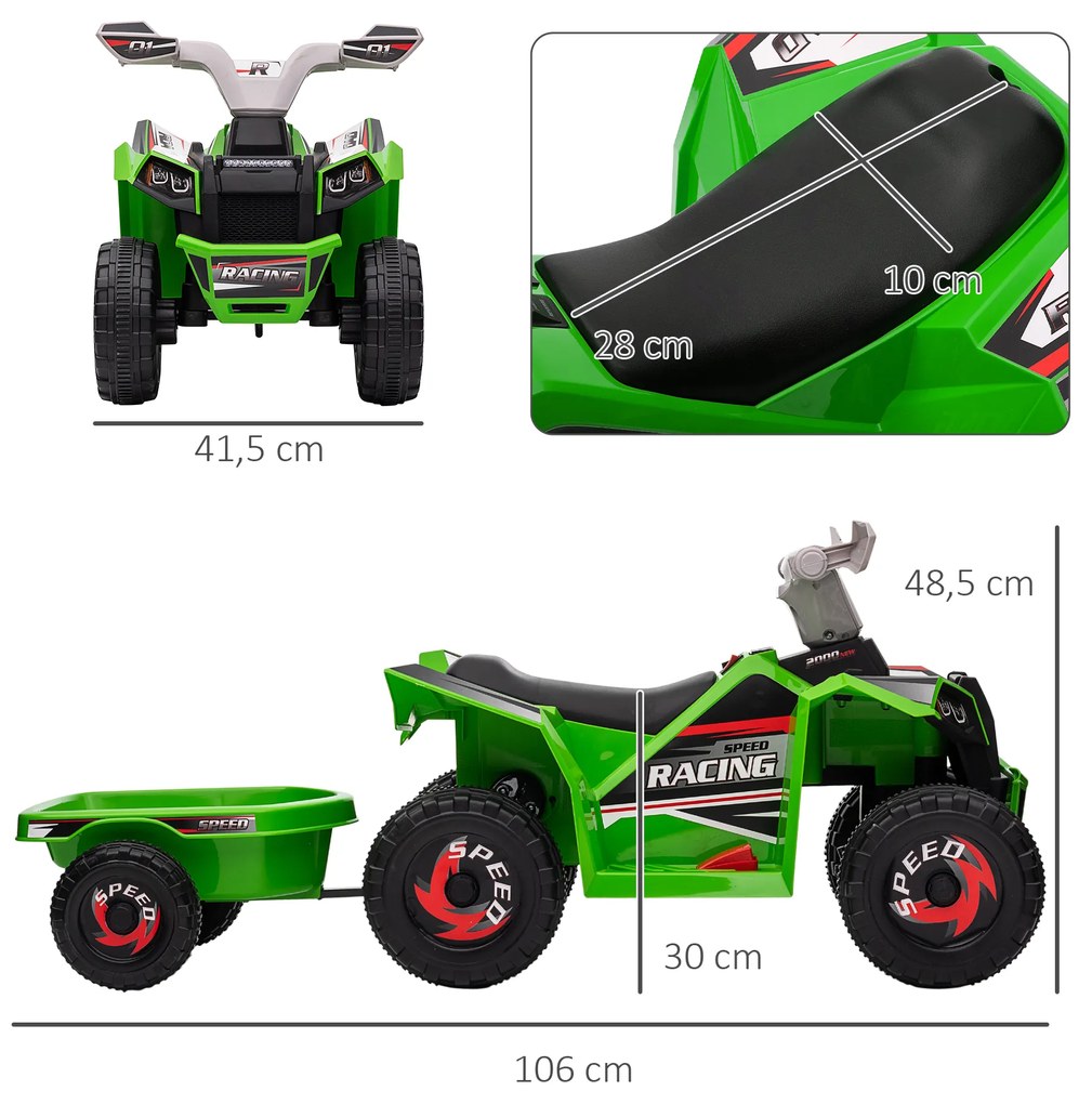 Moto 4 Elétrica para Crianças com Reboque Bateria 6V de 18-36 Meses com Velocidade 2,5 km/h 106x41,5x48,5 cm Verde