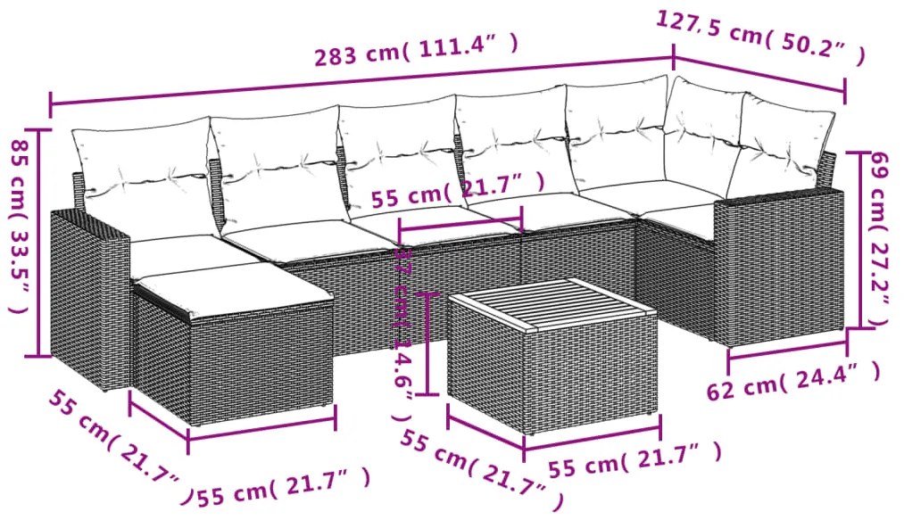 8 pcs conjunto sofás de jardim com almofadões vime PE preto