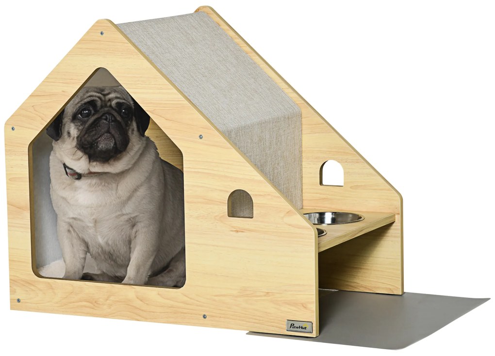 PawHut Casa para Cães de Madeira Casa de Interior para Cães com Comedouro 2 Tigelas de Aço Inoxidável 62x40x54cm Carvalho e Cinza | Aosom Portugal