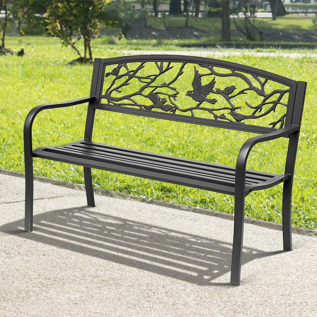 Banco de jardim de 3 lugares 127 x 60 x 85 cm, estilo rústico-chique, para varanda, terraço ou pátio, metal com revestimento epóxi anticorrosivo, pret