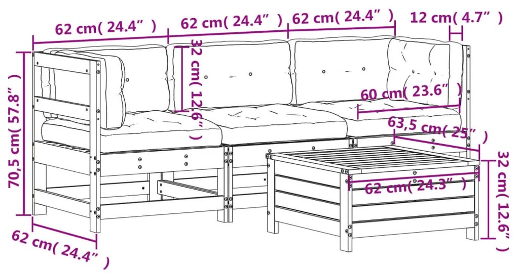4 pcs conjunto lounge de jardim c/ almofadões pinho impregnado