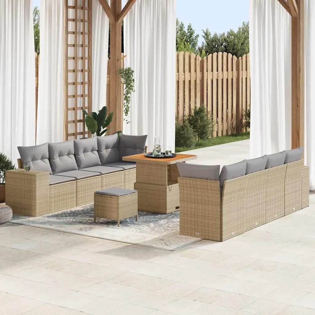 vidaXL Conjunto de Sofás de Jardim com 11 Peças, almofadas de rattan sintético bege e acácia.