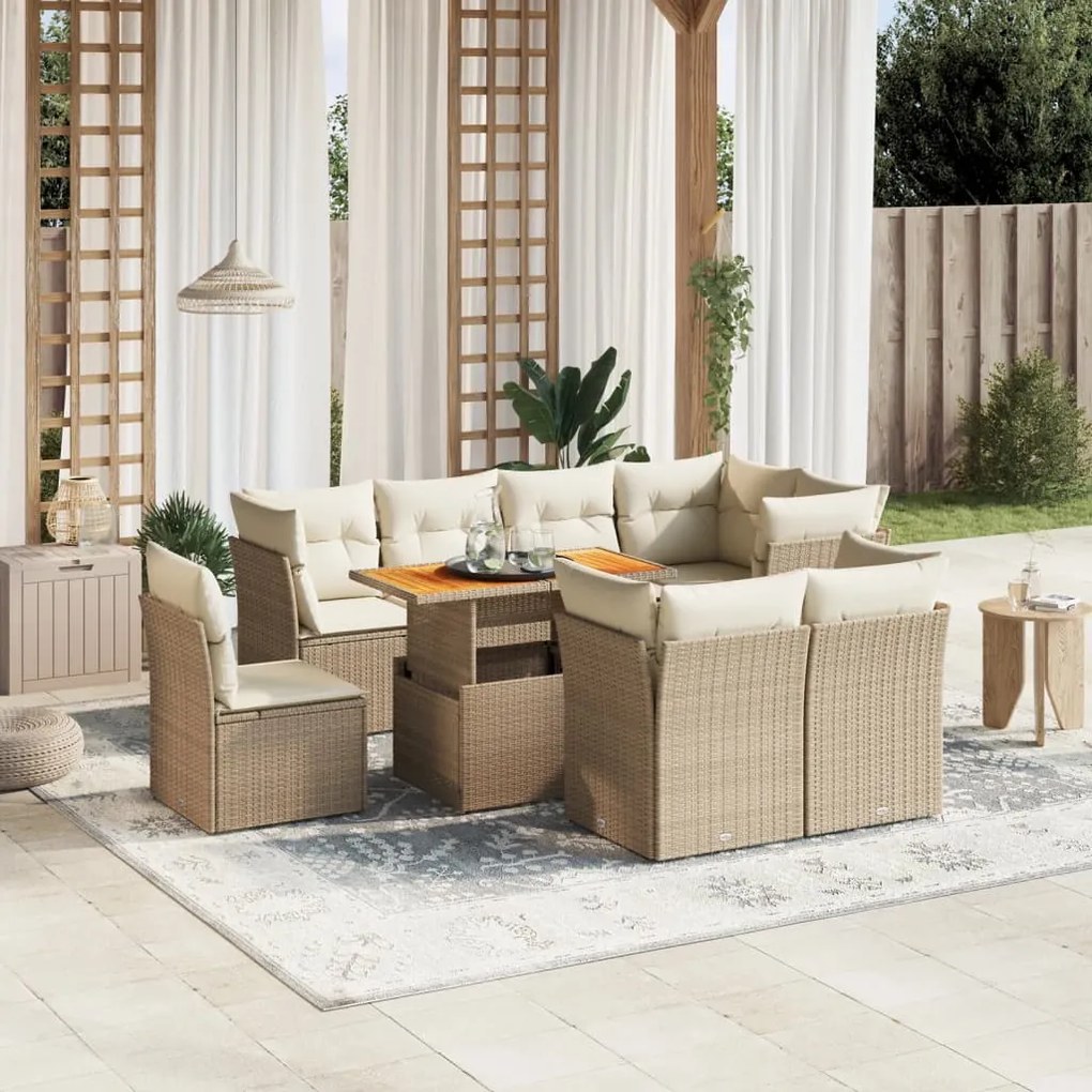 9 pcs conjunto de sofás p/ jardim com almofadões vime PE bege