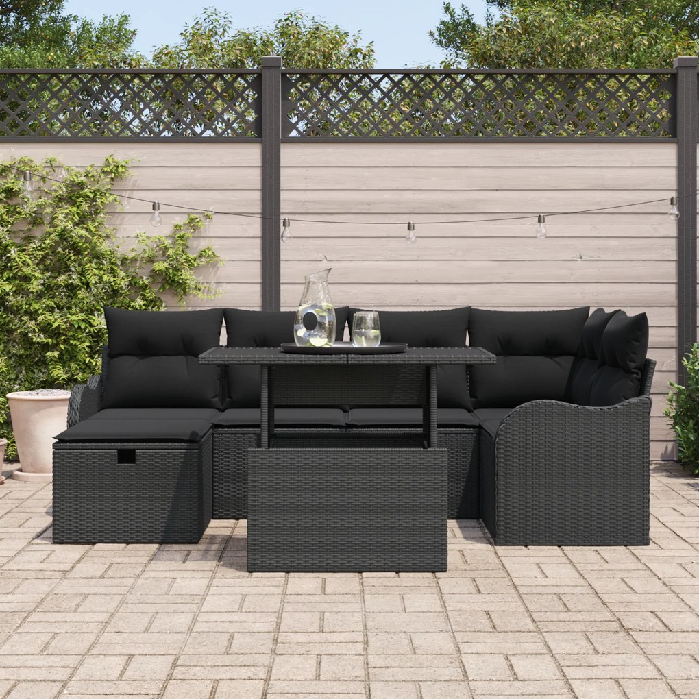 Conjunto de Sofás de Jardim vidaXL 7 Peças com Almofadas Preto Rattan