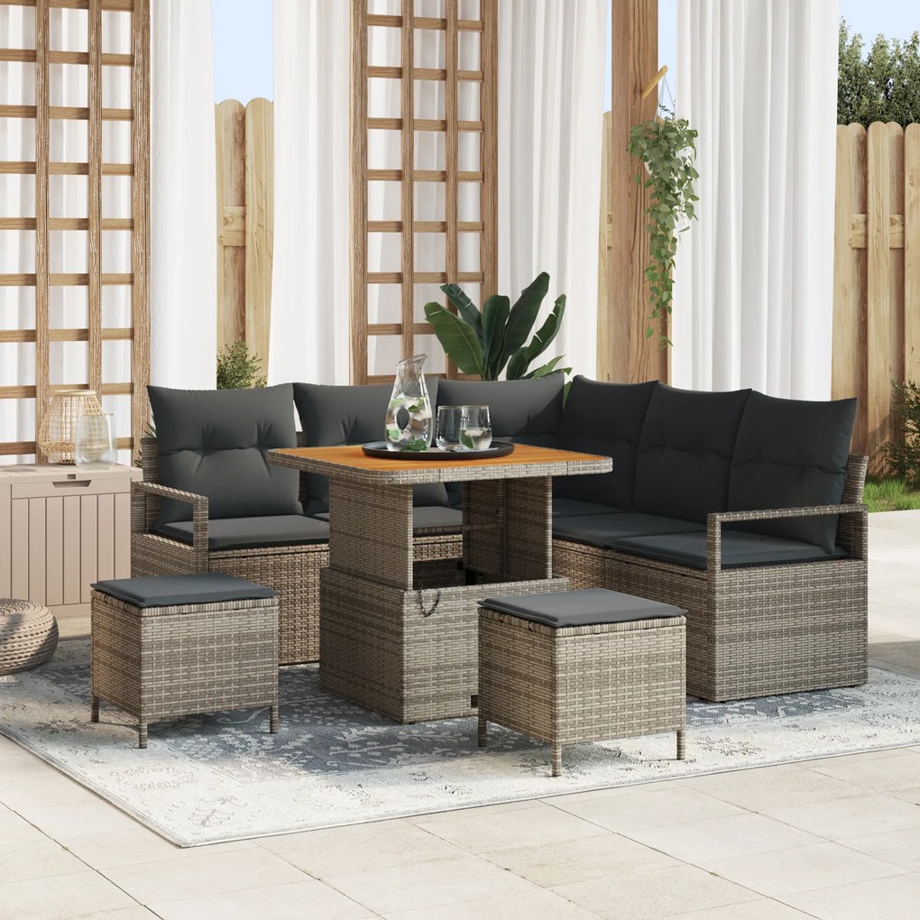 Conjunto de Sofá de Jardim vidaXL 8 Peças com Almofadas Cinza Rattan Poliéster