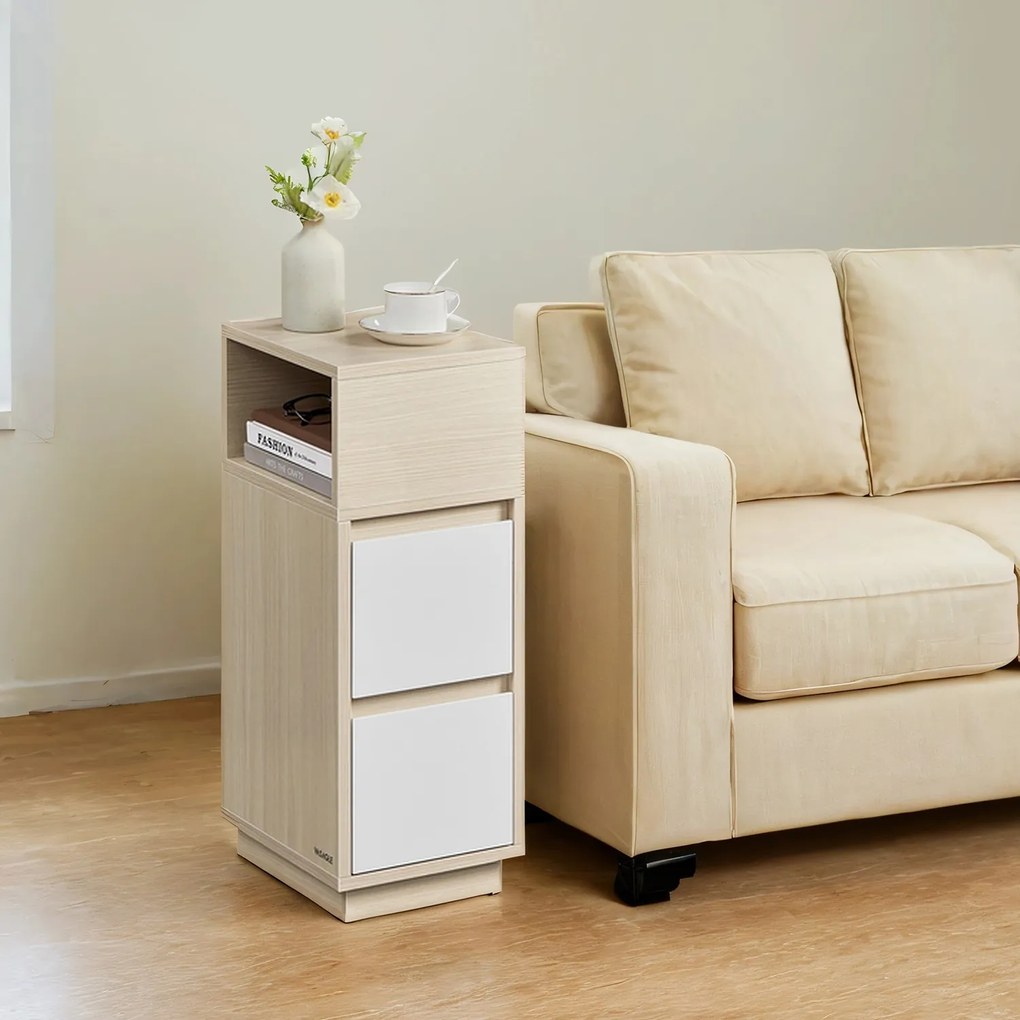 Mesa de cabeceira, estreita com 2 gavetas 30,1 x 25,1 x 65,1 cm Bege natural - branco