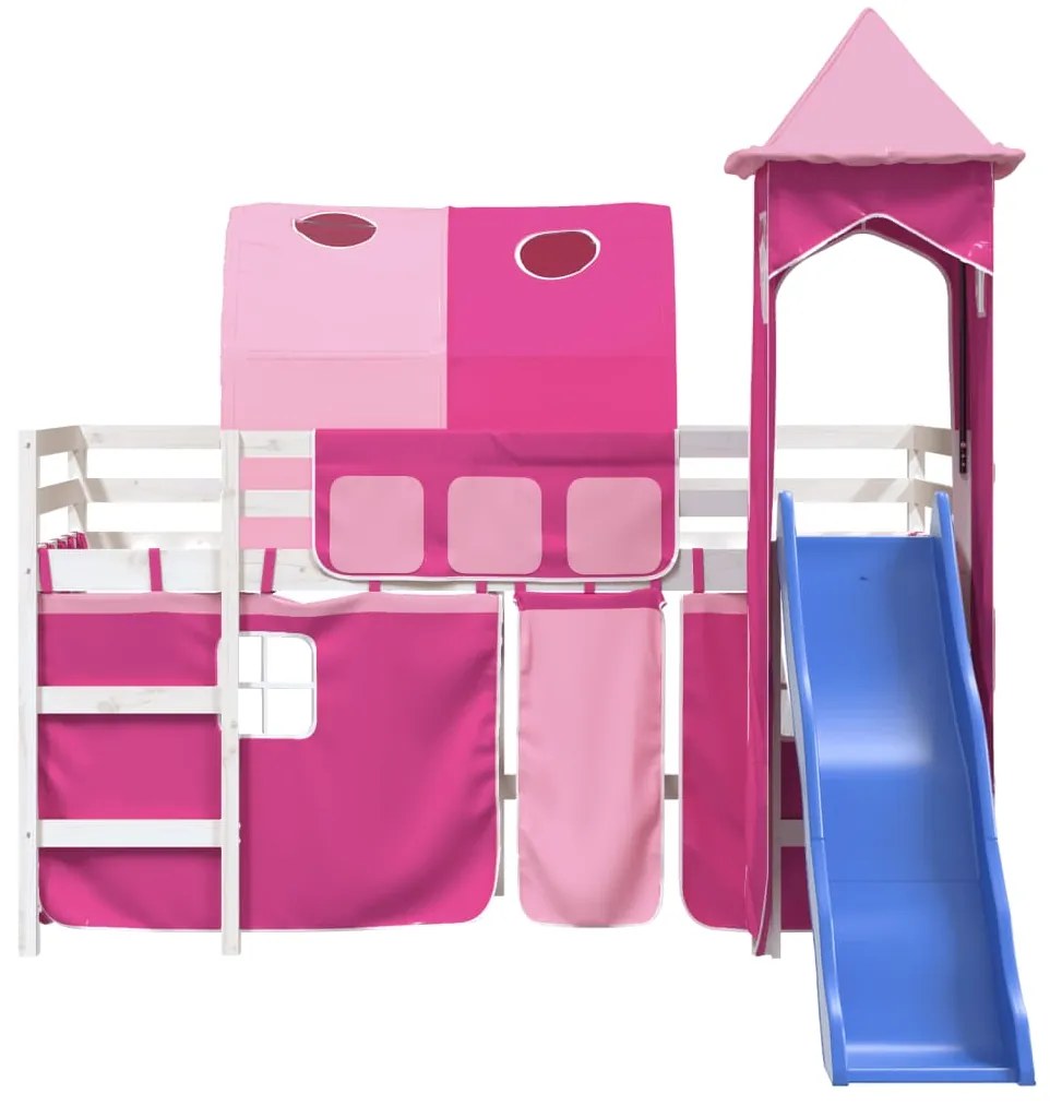 Cama alta para criança com torre 90x200 cm pinho maciço rosa