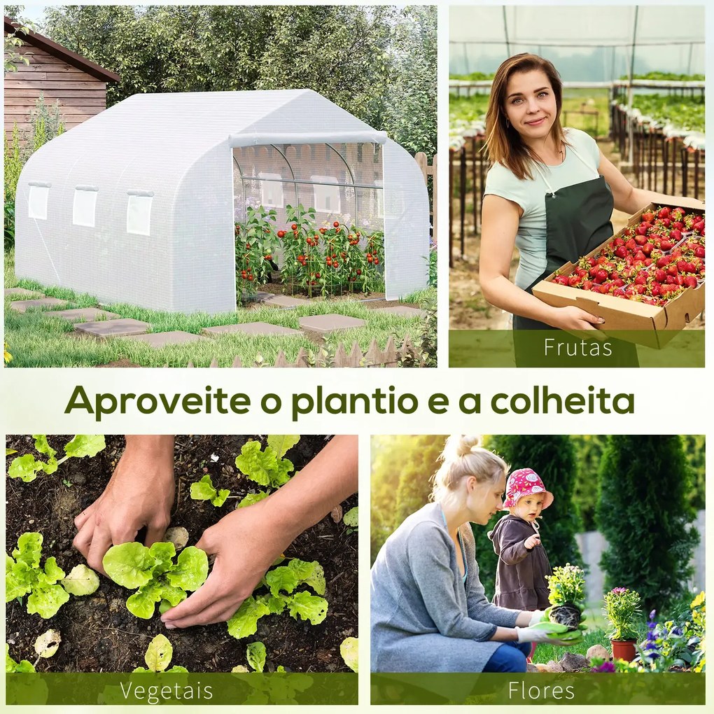 Estufa Tipo Túnel 445x299x200cm com Porta Enrolável 6 Janelas Estufa para Cultivo de Plantas Verduras Branco