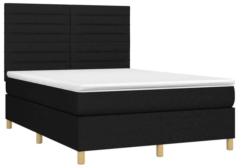 Cama box spring c/ colchão e LED 140x200 cm tecido preto