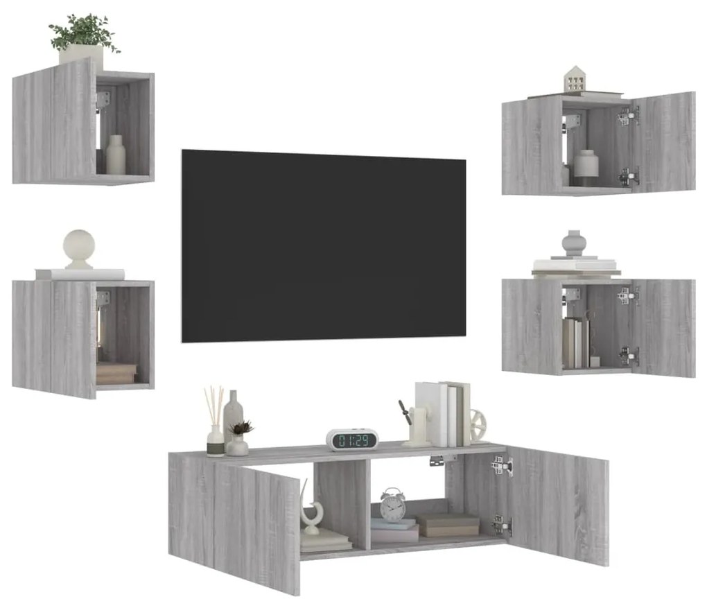 vidaXL 5 pcs móveis de parede para TV com luzes LED cinzento sonoma