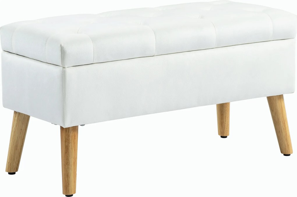 HOMCOM Banco estofado com arrumação, revestimento em veludo, pernas de madeira, para sala, quarto, corredor, 80 x 35 x 42 cm, Branco | Aosom Portugal