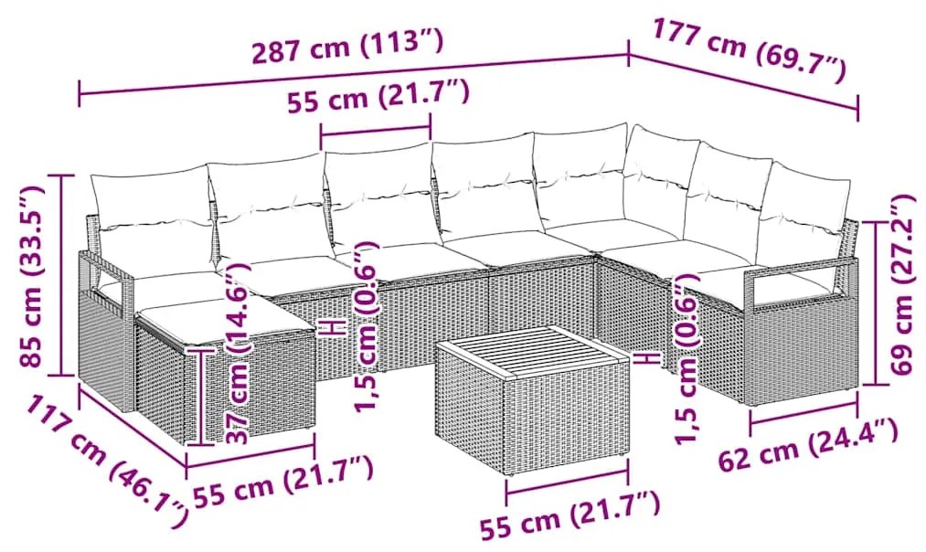 Conjunto de Sofá de Jardim de 9 Peças com Almofadas Preto em Polyratta