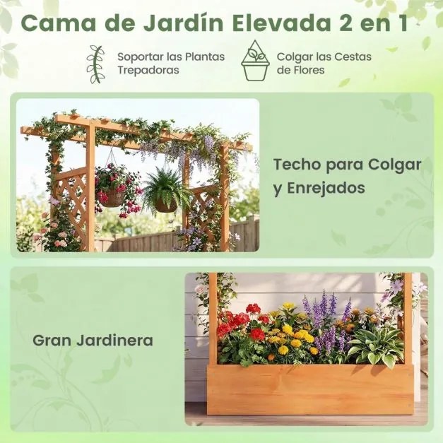 Floreira de jardim elevada em madeira com treliça 110 x 35 x 114 cm, teto suspenso, orifícios de drenagem, abeto, para plantas trepadeiras Laranja