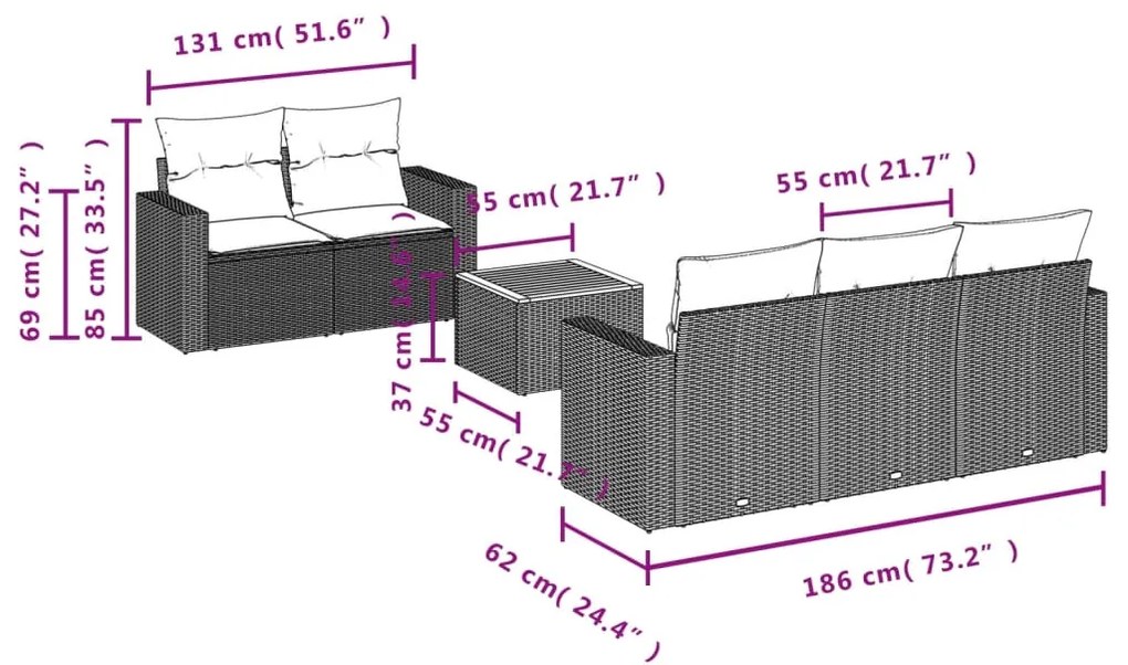 6 pcs conjunto sofás de jardim com almofadões vime cinzento