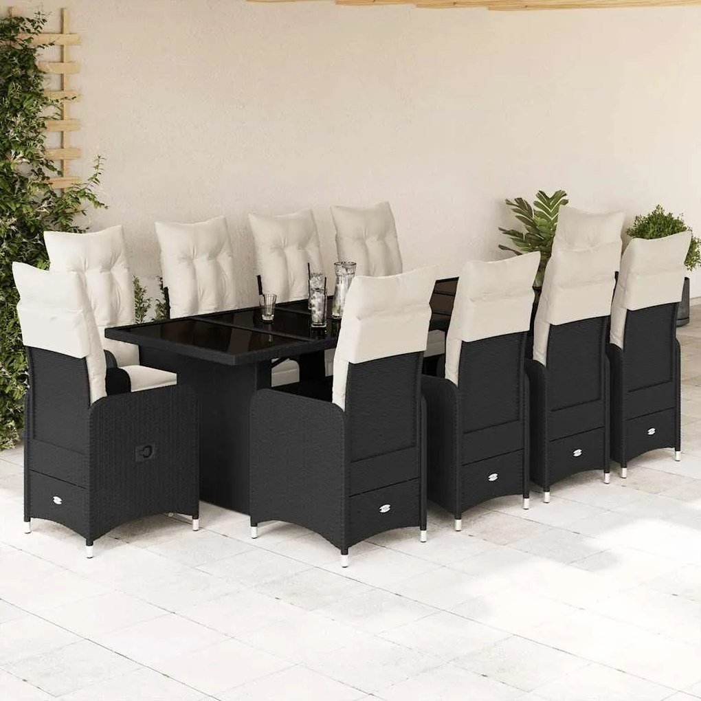vidaXL 11 pcs conjunto de bistrô p/ jardim c/ almofadões vime PE preto