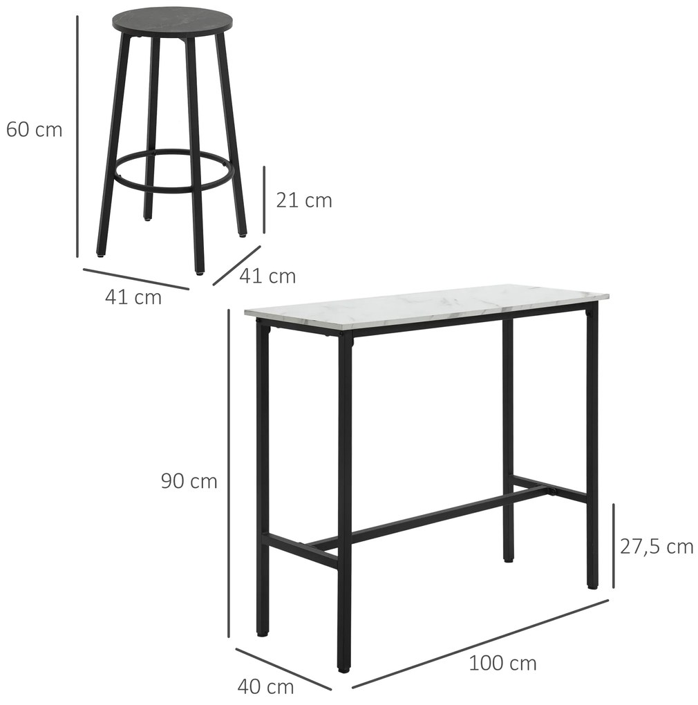 Conjunto de Mesa Alta com 2 Bancos Redondos com Estrutura de Aço Estilo Moderno para Cozinha Sala de Estar Branco e Preto