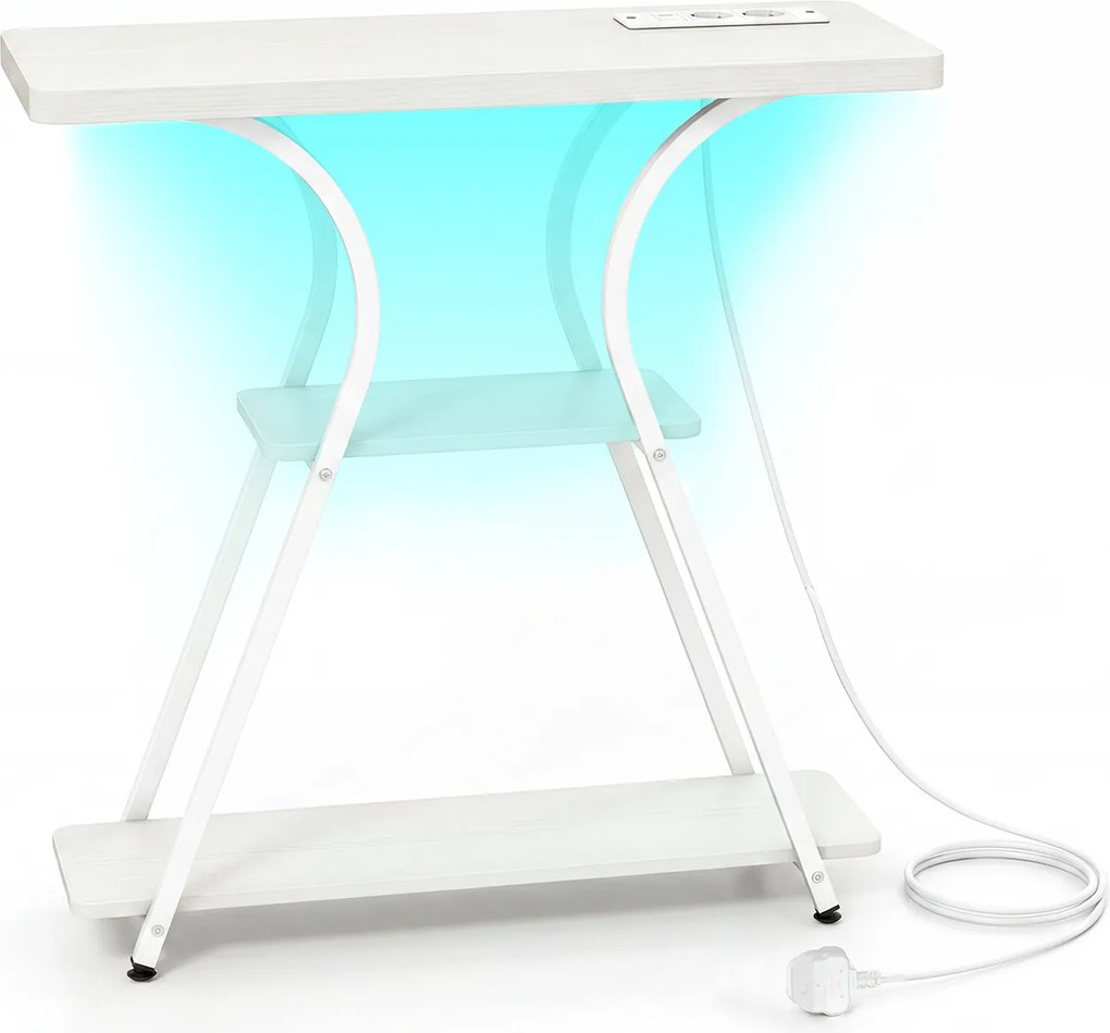 Mesa consola com luzes LED e base de carregamento 79,5 x 30,5 x 81,5 cm, 3 níveis, estantes abertas, kit anti-tombamento, estrutura metálica, para sal
