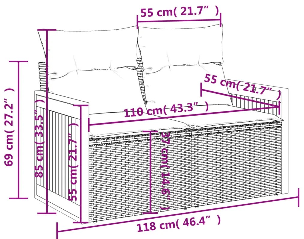 11 pcs conjunto sofás de jardim c/ almofadões vime PE bege