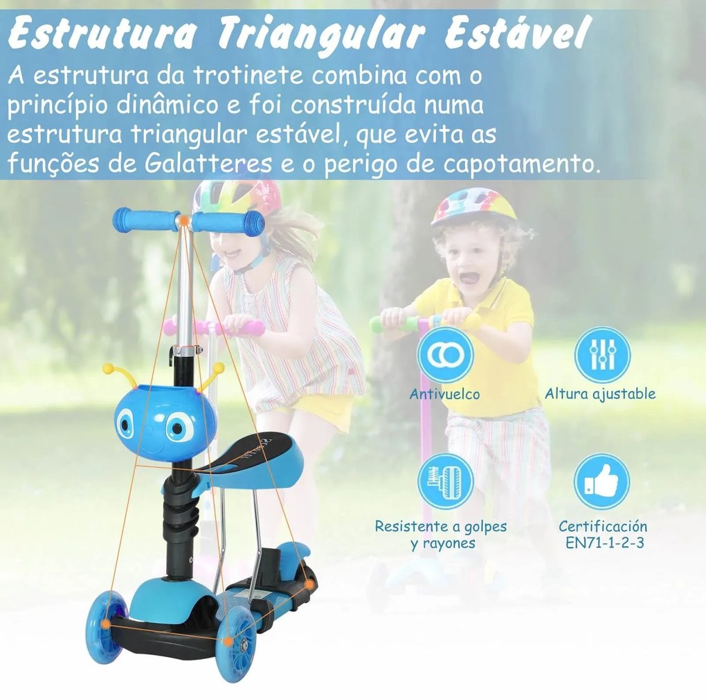 Trotinete 5 em 1 para crianças de acima de1 ano trotinete de 3 rodas com assento removível guiador ajustável 62x25x72,5 cm Azul