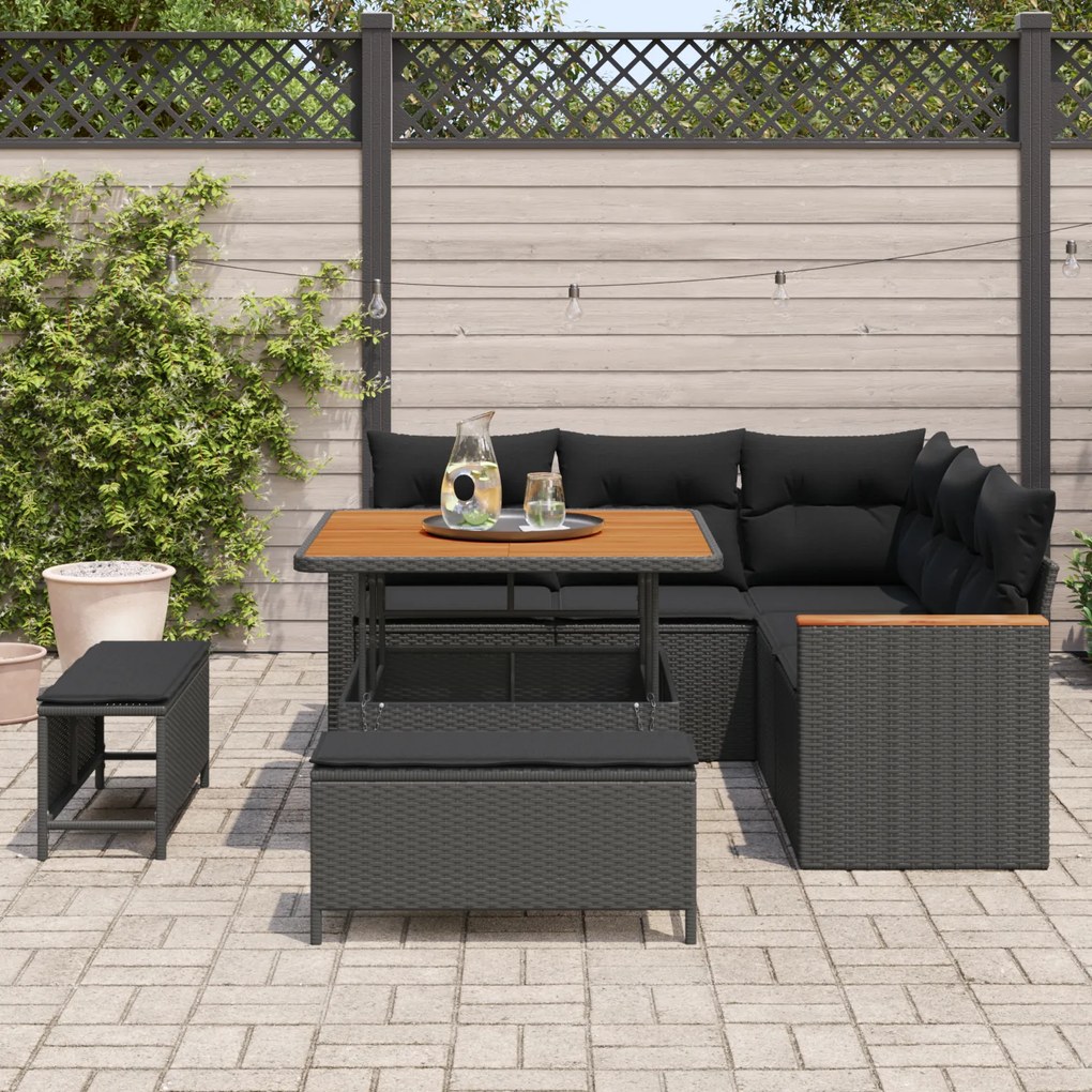 Conjunto de Sofá Jardim em 8 Peças com Almofadas Preto Rattan Poliéste