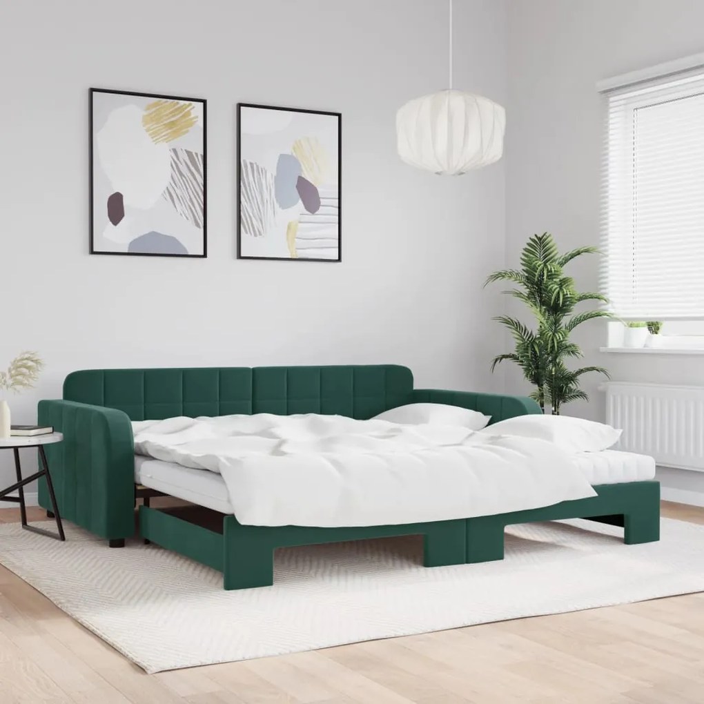 Sofá-cama c/ gavetão e colchões 100x200cm veludo verde-escuro