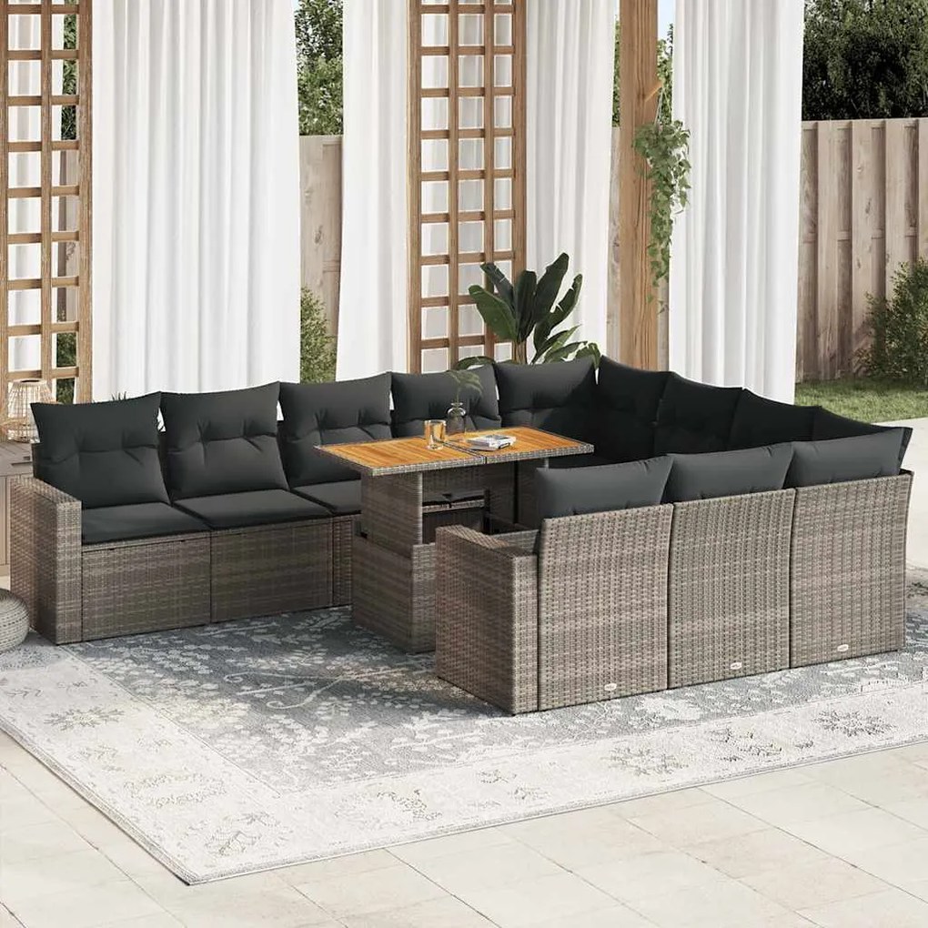 vidaXL 11 pcs conjunto sofás de jardim c/ almofadões vime PE cinzento
