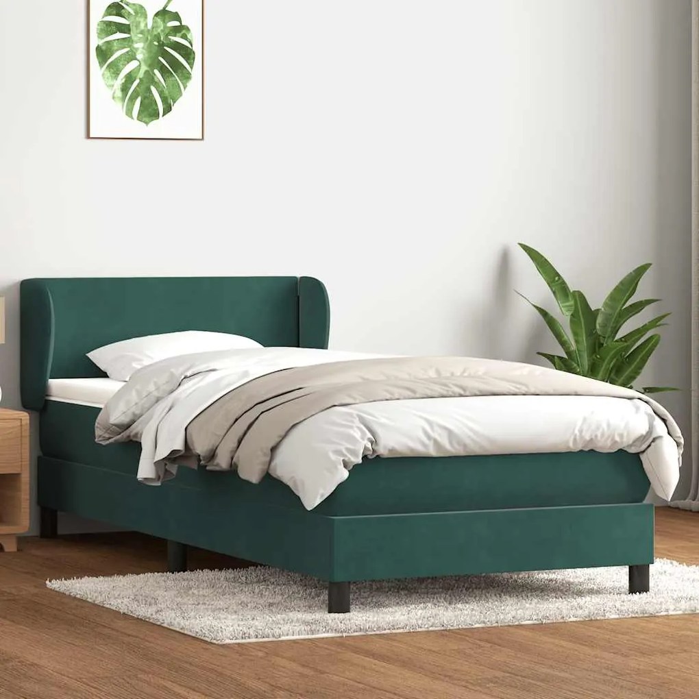 Cama com molas/colchão 90x220 cm veludo verde-escuro