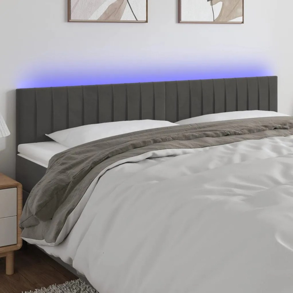 Cabeceira de cama c/luzes LED veludo 200x5x78/88cm cinza-escuro