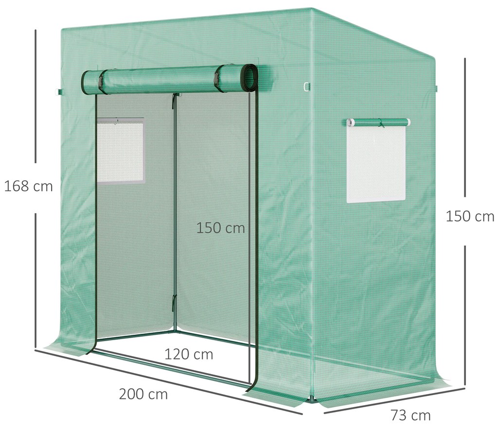 Outsunny Estufa de Jardim com Tubos de Aço 1 Porta e 2 Janelas Enroláveis 200x73x150-168 cm Verde