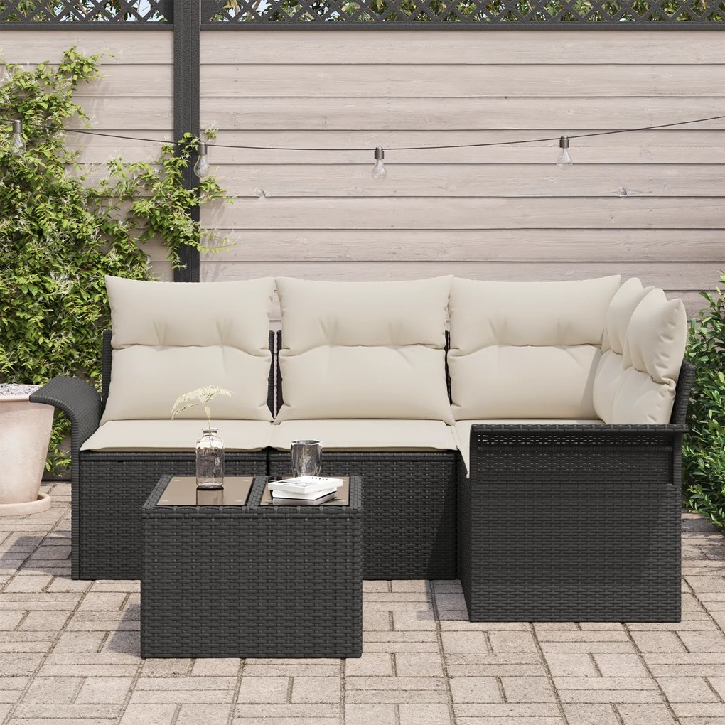 Conjunto de Sofá de Jardim de 4 Peças com Almofadas Rattan Poliéster M