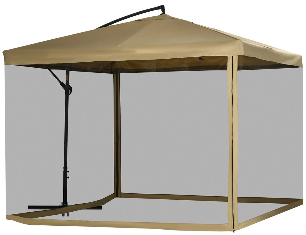 Outsunny Chapéu de Sol de Jardim 296x296x265cm Chapéu de Sol Excêntrico com Rede Mosquiteira manivela Base Cruzada e Suporte de Aço para varanda Pátio Exterior Bege