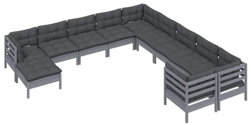 11 pcs conjunto lounge de jardim c/ almofadões pinho cinza
